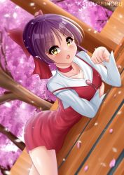 Rule 34 | 1girl, arm under breasts, artist name, blunt bangs, bow, brooch, cherry blossoms, choker, collarbone, cowboy shot, dress, dutch angle, fang, gegege no kitarou, hair bow, highres, jewelry, katou shinobu, long sleeves, looking at viewer, lying, nekomusume, nekomusume (gegege no kitarou 6), on stomach, open mouth, paw pose, petals, pinafore dress, pointy ears, purple hair, red choker, red dress, shirt, shirt under dress, short hair, sleeveless dress, solo, white shirt, wooden floor, yellow eyes