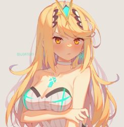 Rule 34 | 1girl, black legwear, blonde hair, breasts, chest jewel, cleavage, cleavage cutout, clothing cutout, headpiece, large breasts, long hair, mythra (radiant beach) (xenoblade), mythra (xenoblade), one-piece swimsuit, ribbed swimsuit, solo, strapless, strapless one-piece swimsuit, striped clothes, striped one-piece swimsuit, swept bangs, swimsuit, tiara, tsundere, vertical-striped clothes, vertical-striped one-piece swimsuit, very long hair, white one-piece swimsuit, wusagi2, xenoblade chronicles (series), xenoblade chronicles 2, yellow eyes