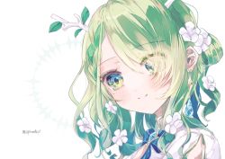 Rule 34 | 1girl, antlers, blush, braid, branch, brooch, ceres fauna, dress, earrings, flower, green hair, hair flower, hair ornament, hair over one eye, highres, hololive, hololive english, horns, jewelry, long hair, looking at viewer, mayumura, ribbon, smile, solo, virtual youtuber, yellow eyes