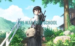 Rule 34 | 1girl, assault rifle, bag, black hair, black sailor collar, black skirt, blouse, blue sky, carrying, closed mouth, cloud, cloudy sky, commentary request, day, emblem, english text, from behind, gun, light frown, long sleeves, looking at viewer, looking back, m16, m16a2, medium skirt, original, outdoors, pleated skirt, purple eyes, railing, rifle, rock, sailor collar, satchel, school uniform, scope, serafuku, shirt, short hair, sidelocks, skirt, sky, solo, stairs, standing, tanto (tc1995), tree, weapon, white shirt