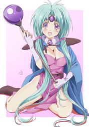 Rule 34 | 1girl, aqua hair, blush, breasts, circlet, cleavage, fingerless gloves, full body, gloves, haou taikei ryuu knight, highres, large breasts, long hair, looking at viewer, nori (norimakigumo), open mouth, paffy pafuricia, purple eyes, retro artstyle, smile, solo, staff, twintails, very long hair