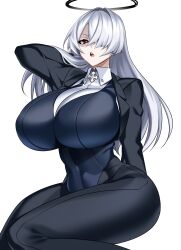 Rule 34 | 1girl, :o, absurdres, black eyes, black jacket, black pants, breasts, cleavage, covered navel, curvy, dress shirt, hair over one eye, halo, hand in own hair, highres, huge breasts, hz (666v), jacket, leotard, long hair, looking at viewer, navel, open mouth, original, pants, shirt, sitting, solo, suit jacket, teeth, tight clothes, upper teeth only, white background, wide hips