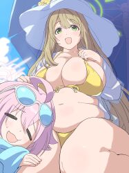 Rule 34 | 2girls, :d, absurdres, belly, bikini, blonde hair, blue archive, blush, breasts, cleavage, closed eyes, from below, goggles, goggles on head, green eyes, halo, happy, hat, highres, hoshino (blue archive), hoshino (swimsuit) (blue archive), huge breasts, karaage53ko, lap pillow, long hair, looking at viewer, multiple girls, navel, nonomi (blue archive), nonomi (swimsuit) (blue archive), open mouth, outdoors, pink hair, plump, see-through, sitting, sky, sleeping, smile, sun hat, swimsuit, thick thighs, thighs, umbrella, very long hair, wariza, yellow bikini