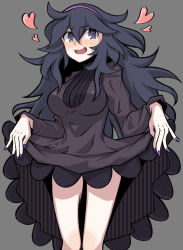 Rule 34 | 1girl, @ @, ahoge, black hair, blush, breasts, clothes lift, commentary request, creatures (company), dress, dress lift, game freak, grey background, grey eyes, hair between eyes, hairband, heart, hex maniac (pokemon), highres, lifting own clothes, long hair, messy hair, nail polish, nervous smile, nintendo, open mouth, pokemon, pokemon xy, purple hairband, purple nails, sanda (33tnd), simple background, smile, solo, tongue