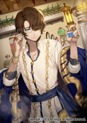 Rule 34 | 1girl, bad id, bad pixiv id, bracelet, breasts, brown hair, buttons, carchet, cleavage, closed mouth, commentary, copyright name, glasses, gold buttons, hair over one eye, holding, jewelry, looking at viewer, multicolored clothes, official art, original, plant, ring, short hair, sid story, standing, wall lamp