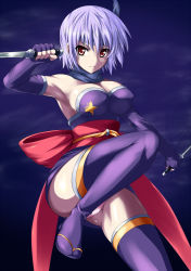 Rule 34 | 1girl, ayane (doa), boots, bow, breasts, cleavage, dagger, dead or alive, dual wielding, hair bow, holding, knife, large breasts, leg up, legs, long legs, nishiumi yuuta, panties, pantyshot, pink panties, purple footwear, purple hair, purple thighhighs, red eyes, short hair, solo, tecmo, thighhighs, thighs, underwear, upskirt, weapon