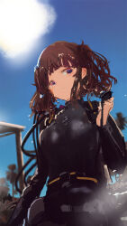 Rule 34 | 1girl, absurdres, alternate costume, blue sky, bodysuit, breasts, brown hair, cevio, closed mouth, commentary request, cowboy shot, day, diving suit, expressionless, highres, holding, kabuyama kaigi, lens flare, looking at viewer, medium breasts, mole, mole under eye, natsuki karin, outdoors, palm tree, purple eyes, scuba, scuba gear, shoulder strap, skin tight, sky, solo, sun, synthesizer v, tree, tube, twintails, wet, wet hair, wetsuit