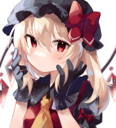 Rule 34 | 1girl, :/, ascot, black gloves, black hat, black shirt, black vest, blonde hair, bow, chicachang, commentary, crystal, flandre scarlet, frilled shirt collar, frills, gloves, hair between eyes, hands up, hat, hat bow, holding, holding hair, looking at viewer, mob cap, one side up, puffy short sleeves, puffy sleeves, red bow, red eyes, shirt, short hair, short sleeves, sleeve bow, solo, touhou, upper body, vest, white background, wings, yellow ascot
