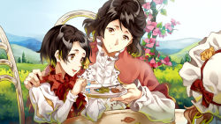 Rule 34 | 10s, 2girls, anne magnolia, black hair, blue sky, brown eyes, chair, cheese kang, closed mouth, commentary request, day, dress, flower, frills, highres, hill, holding, holding plate, horizon, leaf, long sleeves, mother and daughter, multiple girls, open mouth, outdoors, plate, red dress, shirt, sitting, sky, table, violet evergarden, violet evergarden (series), white shirt