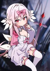 Rule 34 | 1girl, arcaea, blush, bow, breasts, chinese commentary, cleavage, cleavage cutout, clothing cutout, commentary request, hair bow, hand up, highres, hikari (arcaea), hikari (fatalis) (arcaea), long hair, looking at viewer, maigo no haien, pink bow, pink hair, red eyes, small breasts, solo, thighhighs, white thighhighs