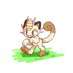 Rule 34 | animal focus, cat, creatures (company), fangs, game freak, gen 1 pokemon, grass, meowth, nintendo, no humans, on grass, open mouth, pawpads, pokedex number, pokemon, pokemon (creature), solo, walking, whiskers, white background, zuiaimao