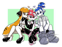 Rule 34 | 1girl, 2boys, agent 3 (splatoon), artist name, black eyes, blue eyes, blue hair, blunt bangs, boots, closed mouth, doughnut, finger to mouth, food, foreshortening, green background, headgear, heart, holding, holding food, inkling, inkling boy, inkling girl, inkling player character, jacket, long sleeves, midriff, multiple boys, name connection, nintendo, octoling, octoling boy, octoling player character, orange eyes, orange hair, outside border, pants, parted lips, partially colored, pointy ears, pudding, red hair, religious offering, scrunchie, shadow, shoes, shorts, signature, single sleeve, single vertical stripe, sitting, smile, sparkle, splatoon (series), splatoon 1, splatoon 2, splatoon 2: octo expansion, squidbeak splatoon, tentacle hair, topknot, vest, zoza