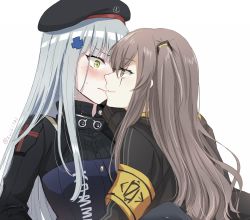 Rule 34 | 2girls, armband, beret, blush, commentary request, girls&#039; frontline, hat, hk416 (girls&#039; frontline), imminent kiss, long hair, multiple girls, scar, scar across eye, scar on face, signature, simple background, sui (camellia), sweatdrop, twintails, ump45 (girls&#039; frontline), white background, yuri