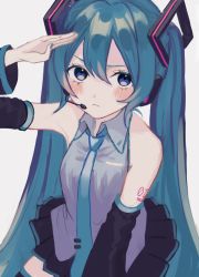 Rule 34 | 1girl, bare shoulders, black skirt, black thighhighs, blue eyes, blue hair, blue necktie, blush, closed mouth, collared shirt, commentary, detached sleeves, grey background, grey shirt, hand up, hatsune miku, headphones, highres, long hair, long sleeves, looking at viewer, microphone, necktie, p2 (uxjzz), pleated skirt, salute, shirt, simple background, skirt, sleeveless, sleeveless shirt, solo, symbol-only commentary, thighhighs, twintails, very long hair, vocaloid, wing collar