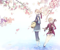 Rule 34 | 1boy, 1girl, aqua eyes, bad id, bad pixiv id, blonde hair, brother and sister, changpao, cherry blossoms, chinese clothes, erhu, closed eyes, flower, instrument, kagamine len, kagamine rin, kokyuu, mig (36th underground), open mouth, petals, shamisen, short hair, siblings, sitting, smile, tsumugi uta (vocaloid), twins, vocaloid