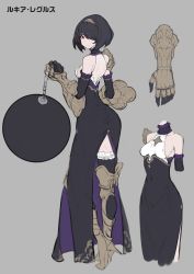 Rule 34 | 1girl, armor, back, ball and chain (weapon), bare back, bare shoulders, black choker, black dress, black hair, black thighhighs, character sheet, choker, closed mouth, collarbone, covered collarbone, covered navel, dress, frilled choker, frilled thighhighs, frills, gauntlets, greaves, grey background, hair over one eye, hairband, high heels, highres, holding, holding weapon, huge weapon, looking back, moco (moco 28), multiple views, original, pauldrons, red eyes, see-through, short hair, shoulder armor, simple background, single pauldron, smile, thighhighs, vambraces, weapon