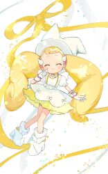 Rule 34 | 1girl, blonde hair, boots, closed eyes, closed mouth, dress, facing viewer, finger to cheek, full body, gloves, guu (oyasumi gu), hand up, hat, highres, long hair, magical girl, makihatayama hana, ojamajo doremi, pointy footwear, pointy hat, puffy short sleeves, puffy sleeves, ribbon, short sleeves, smile, solo, standing, twintails, very long hair, white background, white dress, white footwear, white gloves, white hat, wing hair ornament, yellow ribbon