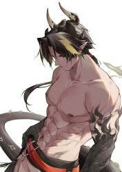 Rule 34 | 1boy, abs, absurdres, arknights, black hair, black skin, blonde hair, brown eyes, chong yue (arknights), closed mouth, collarbone, colored skin, dragon boy, dragon horns, dragon tail, from side, highres, horns, jiusan naitang, long hair, looking at viewer, low ponytail, male focus, multicolored hair, muscular, muscular male, navel, nipples, pectorals, smile, solo, tail, topless male, two-tone hair, upper body