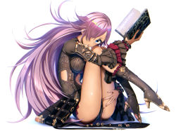 Rule 34 | 1girl, blue eyes, book, boots, breasts, cinderella (sinoalice), dark-skinned female, dark skin, eyelashes, frills, full body, high heel boots, high heels, highres, holding, holding book, long hair, long sleeves, looking at viewer, pecolondon, pink hair, shiny skin, sinoalice, sitting, solo, white background
