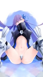 Rule 34 | 1girl, armor, ass, blue eyes, crotch plate, fate/extra, fate/extra ccc, fate (series), flat chest, greaves, highres, long hair, looking at viewer, meltryllis (fate), navel, noir (4chan), purple hair, sitting, solo, spread legs, turtleneck