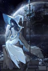 Rule 34 | 1girl, barefoot, blue eyes, blue hair, blue skin, book, book stack, breasts, candlestand, cape, chinese commentary, closed mouth, colored skin, commentary request, dress, elden ring, extra arms, extra faces, fur cape, grey cape, hat, highres, joints, long hair, looking at viewer, medium breasts, moon, profile, pupubutong, ranni the witch, sitting, solo, throne, white dress, white hat, witch hat