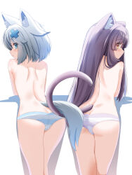 Rule 34 | 2girls, animal ear fluff, animal ears, ass, blue eyes, butt crack, cat ears, cat girl, cat tail, fox ears, fox girl, fox tail, grey hair, hair ornament, highres, long hair, looking at viewer, looking back, multiple girls, panties, purple hair, short hair, striped clothes, striped panties, suzuki-shi, tail, tails touching, topless, underwear, underwear only, vrchat, x hair ornament, yellow eyes