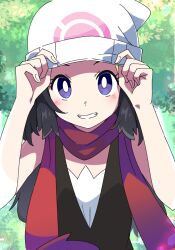 Rule 34 | 1girl, beanie, black eyes, black hair, blush, bright pupils, commentary, creatures (company), dawn (pokemon), forest, game freak, hat, ixy, long hair, looking at viewer, nature, nintendo, outdoors, pokemon, pokemon dppt, red scarf, revision, scarf, smile, solo, upper body, white hat, white pupils