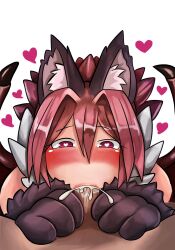 Rule 34 | 1boy, 1girl, animal ear fluff, animal ears, animal hands, bat wings, cum, ejaculation, fellatio, gashiwataex378, heart, heart-shaped pupils, hetero, highres, looking at viewer, manticore (monster girl encyclopedia), monster girl, monster girl encyclopedia, oral, penis, pink hair, pov, symbol-shaped pupils, white background, wings