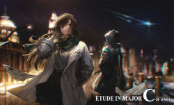 Rule 34 | 1girl, 1other, absurdres, arknights, black coat, black eyes, black hairband, black scarf, black skirt, brown hair, casual, chinese commentary, city, coat, commentary request, cowboy shot, doctor (arknights), english text, grey sweater, hairband, hand in pocket, high-waist skirt, highres, hood, hooded coat, id card, lab coat, long hair, long sleeves, looking away, looking up, mask, miao ao tian, newspaper, night, night sky, open clothes, outdoors, parted lips, priestess (arknights), railing, scarf, skirt, sky, sweater, wind
