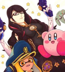 Rule 34 | 1boy, 1girl, agent 3 (splatoon), bayonetta (series), bayonetta 3, black hair, braid, cape, clothing cutout, earrings, eyeshadow, glasses, gloves, hat, highres, inkling, inkling girl, inkling player character, jewelry, kirby, kirby (series), lipstick, long hair, looking at viewer, makeup, mole, mole under mouth, multicolored hair, nintendo, red hair, simple background, smile, splatoon (series), splatoon 3, streaked hair, truejekart, twin braids