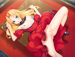 Rule 34 | 1girl, bare shoulders, black footwear, blonde hair, blue eyes, blush, bow, breasts, censored, clothes pull, detached collar, dress pull, hair bow, highres, ino (magloid), long hair, lying, mosaic censoring, nipples, no panties, non-web source, on back, on table, open mouth, original, pussy, pussy juice, red bow, small breasts, solo, spread legs, sweat, table