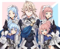 Rule 34 | 1boy, 4girls, absurdres, alternate hair color, armor, aunt and niece, blue cape, blue eyes, blue hair, blue scarf, cape, corrin (fire emblem), corrin (male) (fire emblem), cousins, dress, fang, father&#039;s day, father and daughter, felicia (fire emblem), fire emblem, fire emblem fates, flora (fire emblem), frilled dress, frills, grabbing another&#039;s arm, grey hair, hair bun, half-siblings, hand on another&#039;s shoulder, highres, husband and wives, igni tion, kana (fire emblem), light blue hair, light brown hair, long hair, maid, maid headdress, mother and daughter, multiple girls, nintendo, open mouth, ponytail, red eyes, scarf, siblings, sisters, skin fang, smile, twins