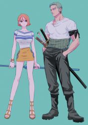 Rule 34 | 1boy, 1girl, bad id, bad twitter id, bob cut, boots, brown eyes, earrings, green background, hands in pockets, haramaki, jewelry, looking at another, miniskirt, nami (one piece), one piece, orange hair, roronoa zoro, sandals, scabbard, setl lon, sheath, short hair, simple background, skirt, staff, standing, sword, weapon