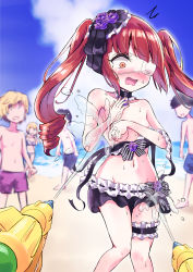 Rule 34 | 2girls, 3boys, beach, bikini, black choker, blush, breast slip, breasts, brown eyes, brown hair, choker, collarbone, covering privates, covering breasts, embarrassed, etchinaeyou, eyepatch, frilled bikini, frilled choker, frills, hanazono yurine, highres, jashin-chan dropkick, long hair, multiple boys, multiple girls, navel, open mouth, outdoors, shiny skin, small breasts, swimsuit, twintails, water gun, wide-eyed