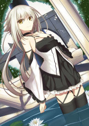Rule 34 | 1girl, bare shoulders, black thighhighs, choker, detached sleeves, flower, frills, hand on own chest, jpeg artifacts, kauto, lily pad, long hair, looking at viewer, lotus, original, partially submerged, pleated skirt, ruins, skirt, smile, solo, thighhighs, wading, white hair, yellow eyes, zettai ryouiki