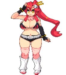 Rule 34 | 00s, 1girl, bad id, bad pixiv id, bikini, bikini top only, breasts, cleavage, fingerless gloves, full body, gloves, hair ornament, large breasts, lowres, navel, pixel art, plump, ponytail, red hair, salute, scarf, short shorts, shorts, smile, solo, swimsuit, tengen toppa gurren lagann, thick thighs, thighhighs, thighs, transparent background, yoko littner, yumurama