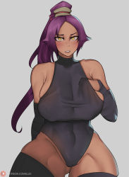 Rule 34 | 1girl, arm at side, bare shoulders, black leotard, black thighhighs, bleach, blush, bob (bobtheneet), breasts, cameltoe, clenched teeth, covered navel, cowboy shot, dark-skinned female, dark skin, elbow gloves, embarrassed, female focus, fingerless gloves, gloves, grey background, groin, hand under clothes, high ponytail, highres, large breasts, legs, leotard, looking at viewer, parted bangs, purple hair, pussy, shihouin yoruichi, simple background, solo, standing, teeth, thick thighs, thighhighs, thighs, yellow eyes