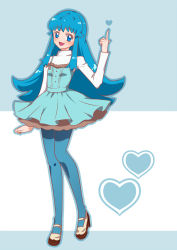 Rule 34 | 10s, 1girl, blue dress, blue eyes, blue hair, blue pantyhose, blush, dress, eyelashes, fashion, happinesscharge precure!, happy, heart, high heels, kagami chihiro, long hair, looking at viewer, matching hair/eyes, open mouth, pantyhose, precure, shirayuki hime, shoes, smile, solo, standing