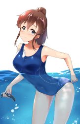 Rule 34 | 1girl, absurdres, adjusting clothes, adjusting swimsuit, air bubble, blue eyes, blue one-piece swimsuit, blush, brown hair, bubble, commentary, covered navel, cowboy shot, closed eyes, frown, highres, holding, idolmaster, idolmaster million live!, leaning forward, looking at viewer, medium hair, one-piece swimsuit, partially submerged, ponytail, satake minako, simple background, solo, standing, standing on one leg, swimsuit, watch, water, wattsu, white background, wristwatch