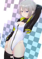 Rule 34 | 1girl, alice gear aegis, arm behind head, arm up, breasts, cleavage cutout, clothing cutout, covered navel, cropped jacket, ear piercing, heattech leotard, highleg, highleg leotard, highres, jacket, leotard, looking at viewer, lowlegist, murao mira, open clothes, open jacket, piercing, purple eyes, red pupils, short hair, shrug (clothing), silver hair, solo, thighhighs, turtleneck, unzipped, white leotard