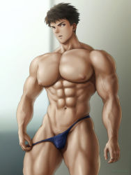 Rule 34 | 1boy, abs, artist name, bara, black hair, black male underwear, brown eyes, bulge, large pectorals, looking to the side, male focus, male underwear, male underwear pull, muscular, muscular male, navel, nipples, original, parted lips, pectorals, pulling own clothes, short hair, solo, tentakun, thick thighs, thighs, thong, underwear