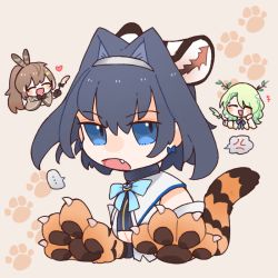 Rule 34 | animal ears, animal hands, animal print, bow, bow earrings, brown hair, cat teaser, ceres fauna, earrings, feather hair ornament, feathers, hair ornament, hololive, hololive english, jewelry, long hair, multiple girls, nanashi mumei, ouro kronii, paw print, paw print background, ponytail, ribbon earrings, roro860512, tiger ears, tiger print, virtual youtuber