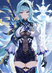 Rule 34 | 1girl, absurdres, black footwear, black gloves, black hairband, blue hair, boots, breasts, brown eyes, closed mouth, cowboy shot, eula (genshin impact), floating hair, genshin impact, gloves, grey jumpsuit, hairband, highres, jumpsuit, long hair, long sleeves, looking at viewer, medium breasts, miaozer11, short jumpsuit, skin tight, skindentation, solo, standing, thigh boots, thigh strap, thighhighs, zettai ryouiki