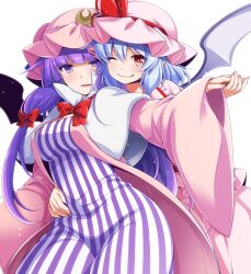 Rule 34 | 2girls, ;), bat wings, blue hair, bow, breasts, capelet, closed mouth, crescent, crescent pin, dress, eichi yuu, fang, hair bow, hat, hat ribbon, large breasts, long hair, looking at viewer, mob cap, multiple girls, one eye closed, patchouli knowledge, pink dress, pink headwear, pointy ears, purple eyes, purple hair, red bow, red eyes, red ribbon, remilia scarlet, ribbon, short hair, sidelocks, simple background, smile, striped clothes, striped dress, touhou, white background, white capelet, wide sleeves, wings