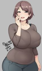 Rule 34 | 1girl, :d, agawa ryou, bra, bralines, breasts, brown hair, brown sweater, commentary, curvy, english commentary, grey background, grey eyes, grey pants, hand on own cheek, hand on own face, hip focus, large breasts, looking at viewer, mature female, open mouth, original, pants, plump, short hair, smile, solo, standing, sweater, swept bangs, thick thighs, thighs, underwear