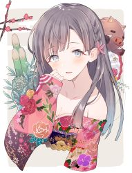 Rule 34 | 1girl, animal, bad id, bad pixiv id, bamboo, bare shoulders, blush, boar, breasts, brown background, brown hair, chinese zodiac, cleavage, collarbone, commentary request, cropped torso, floral print, flower, grey eyes, hair flower, hair ornament, hand up, highres, idolmaster, idolmaster cinderella girls, japanese clothes, kadomatsu, kimono, kobayakawa sae, long hair, looking at viewer, obi, off shoulder, parted lips, pink flower, pink kimono, print kimono, sash, small breasts, solo, two-tone background, ultone (neisiss), upper body, white background, year of the pig