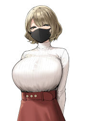 Rule 34 | 1girl, arms behind back, belt, black mask, breasts, brown eyes, brown hair, high-waist skirt, highres, large breasts, long sleeves, looking at viewer, mask, mouth mask, original, real life, red skirt, ribbed sweater, short hair, simple background, skirt, sky-freedom, solo, sweater, turtleneck, turtleneck sweater, white background, white sweater
