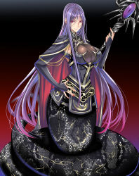 Rule 34 | 1girl, breast curtain, breasts, capelet, chain, cleavage, cleavage cutout, clothing cutout, glowing, glowing eyes, gradient background, hand on own hip, lamia, large breasts, long hair, monster girl, mugenshiki, nail polish, original, purple eyes, purple hair, red nails, smile, solo, staff, sword world, sword world 2.0, very long hair, witch