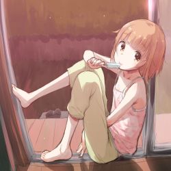 Rule 34 | 1girl, barefoot, brown hair, camisole, capri pants, eating, feet, female focus, food, highres, holding, holding food, houkago teibou nisshi, kokekokko coma, looking at viewer, on ground, pants, popsicle, short hair, sitting, sliding doors, solo, toes, tongue, tongue out, tsurugi hina