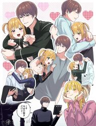 Rule 34 | 1girl, 2boys, amane misa, arms around neck, blonde hair, blush, brown eyes, brown hair, carrying, choker, closed eyes, collared shirt, couple, death note, death note (object), dress, gloves, grin, hands on own cheeks, hands on own face, heart, heart in eye, hetero, highres, hug, kasuya86, long hair, long sleeves, multiple boys, multiple views, nail polish, one eye closed, open mouth, princess carry, ryuk, shirt, short hair, short sleeves, smile, striped clothes, striped shirt, symbol in eye, t-shirt, translation request, two side up, yagami light